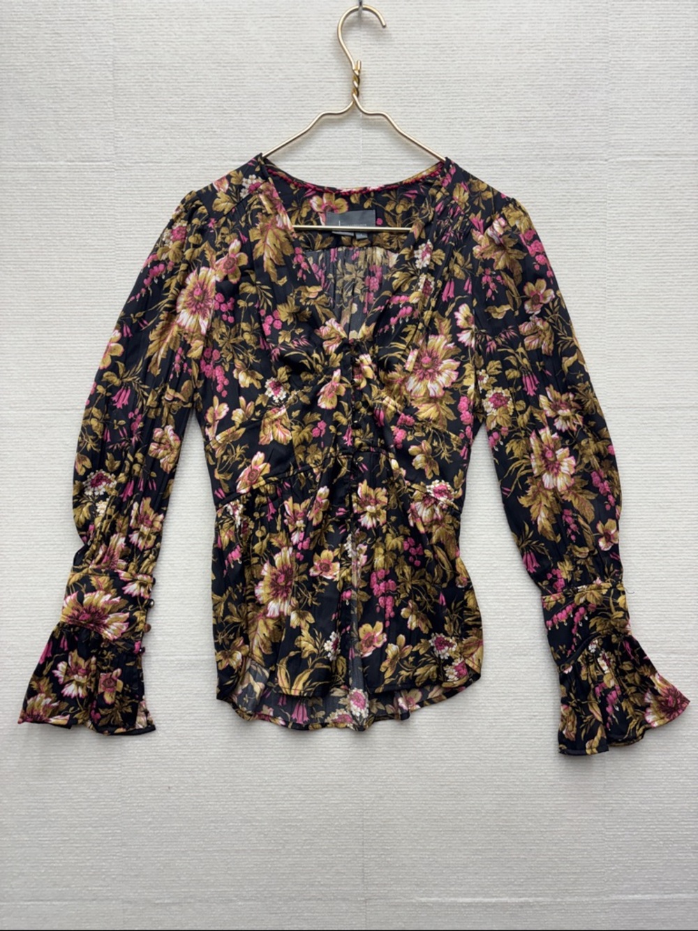 Anthropologie | small Floral button up Blouse - Black with Pink & Gold Floral